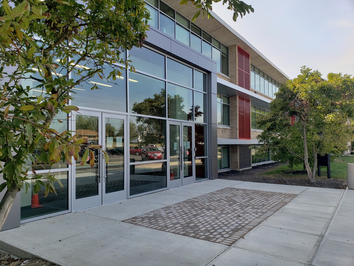 Glass doors on the front of the school